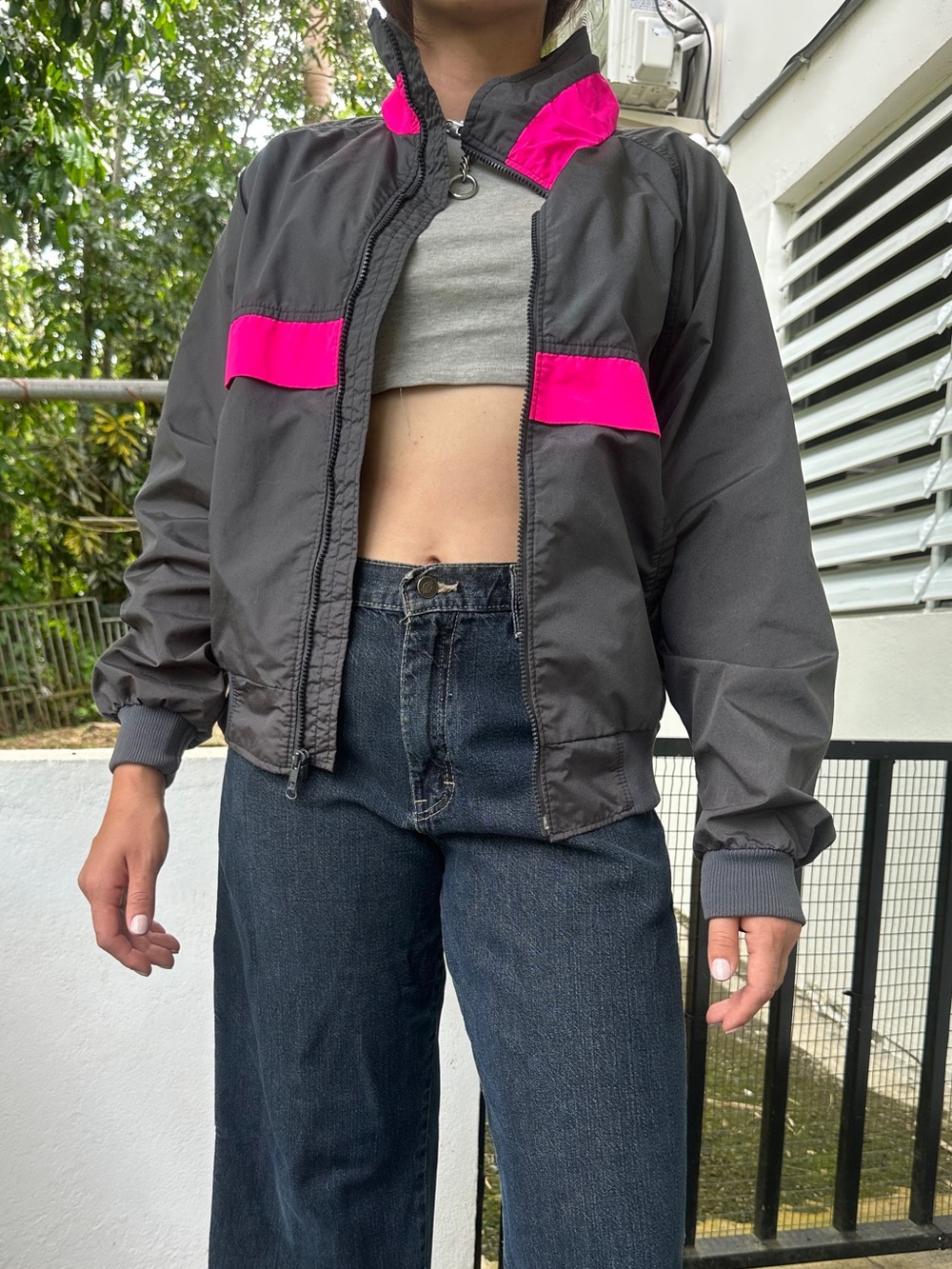 Vintage Bomber Windbreaker with Hot Pink Accents
